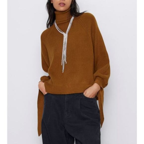 Zara Ribbed Tie Cuff Turtleneck Pullover Sweater Rust Brown Women's Size Medium - Picture 1 of 7